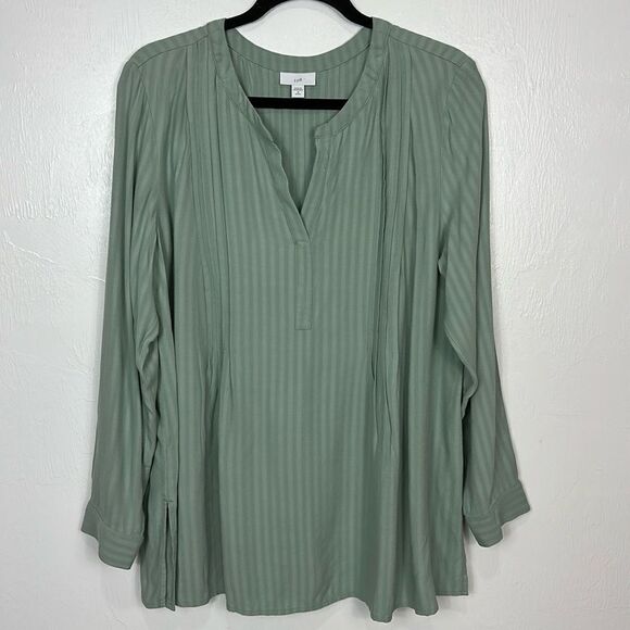 J. Jill Sage Green Pleated Pintuck Popover Long Sleeve Tunic Top Size MP - Picture 3 of 12